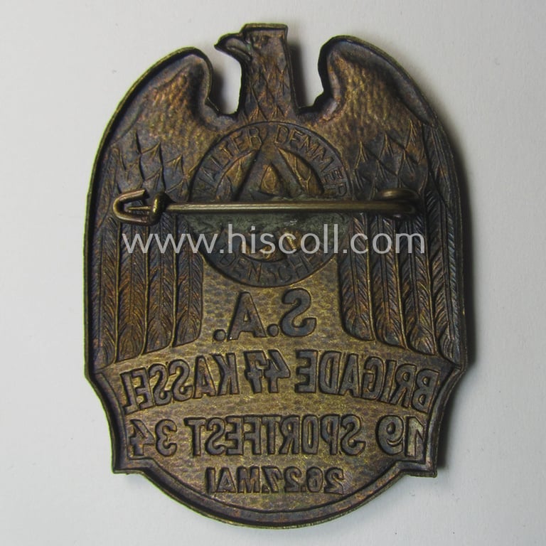 Commemorative - and fairly early-period! - golden-bronze-toned SA- (ie. 'Sturmabteilungen'-) related 'tinnie' entitled: 'Sportfest - S.A. Brigade 47 - Kassel - 26.-27. Mai 1934'