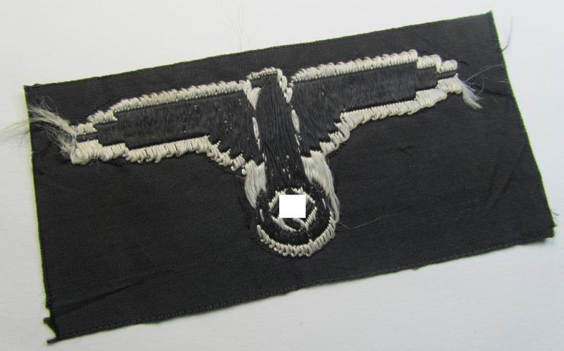 Superb, mid- (ie. later-war-) pattern, 'SS' (ie. 'Waffen-SS') so-called: 'BeVo-weave-style', enlisted-mens'- ie. NCO-pattern arm-eagle (ie. 'Ärmeladler für Mannschaften u. Unteroffiziere') as was intended for usage by the various Waffen-SS t...