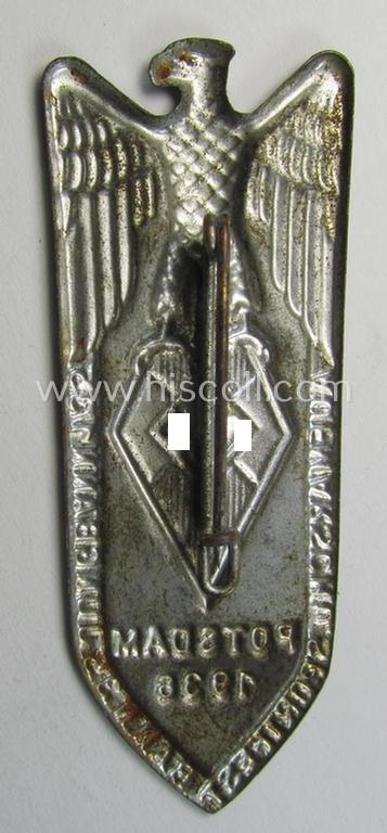 Attractive - and scarcely encountered! - HJ u. DJ-related 'tinnie' ie. 'Veranstaltungsabzeichen' being a non-maker-marked example showing a: 'Reichsadler u. HJ-Raute' and text: 'Aufmarsch u. Sportfest - Bann 35 - Jungbann 1/35 - Potsdam - 1936...