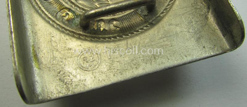 Attractive, HJ (ie. 'Hitlerjugend') bright-silver-coloured- (ie. nickle-chrome-based and early-pattern) belt-buckle being a neatly maker- (ie. 'RzM M4/44'-) marked example that comes in a just moderately used- ie. worn, condition