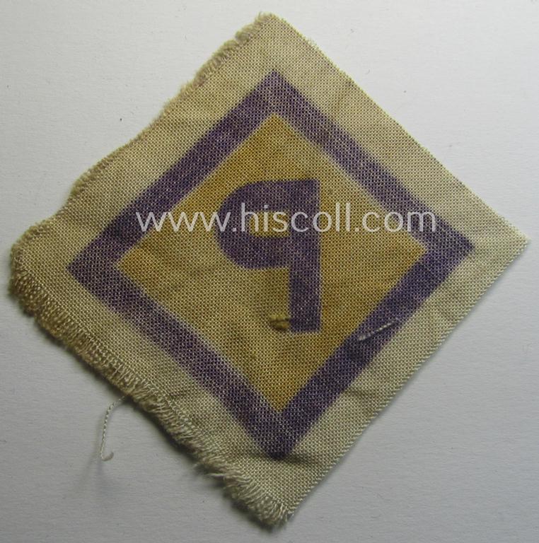 Printed-version of a so-called: 'P'- (ie. forced-labour) breast-patch (ie. 'Brustabzeichen für Poln. Zwangsarbeiter o. Fremdarbeiter') being a non-confectioned example that comes in a never used- (ie 'virtually mint'-), condition