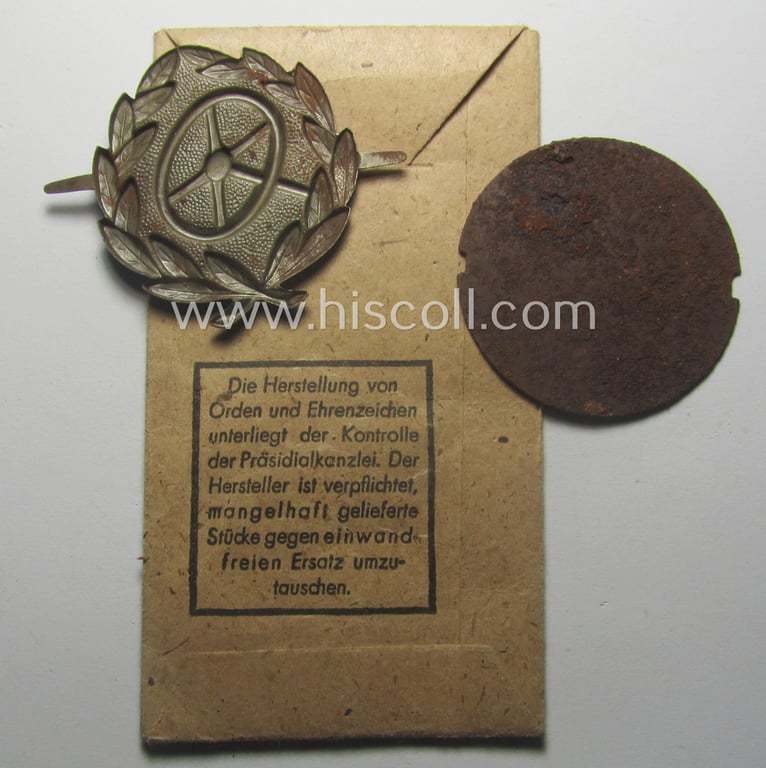 WH (Heeres, LW ie. Waffen-SS-) so-called: 'Kraftfahrbewährungs-Abz. in Silber' being a 'virtually mint' example as was (I deem) produced by the Austrian-based maker: 'Rudolf Souval - Wien VII/62' and that came stored in its 'Zellstoff'-based pouch