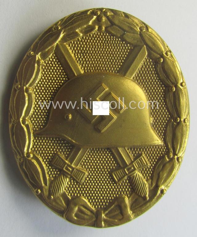 'Verwundeten-Abzeichen in Gold' being a maker- (ie. '30'-) marked- and typical 'Buntmetall'-based example that comes stored in period etui as issued