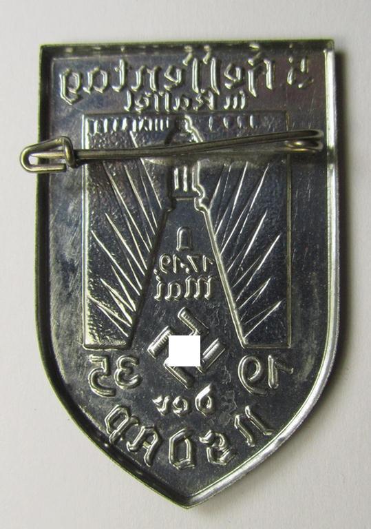 Commemorative, silver-toned N.S.D.A.P.-related 'tinnie' being a non-maker-marked example depicting a monument and showing the text: '5. Hessentag der N.S.D.A.P. in Kassel - 17.19. Mai 1935'