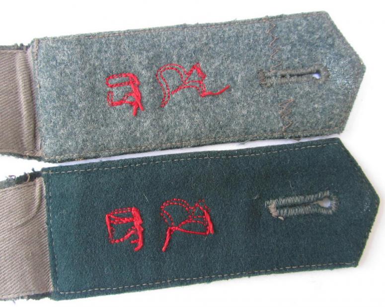Attractive - and/or truly almost matching! - pair of WH (Heeres), early- (ie. pre-war-) period, 'M36'-pattern- (ie. pointed-styled) 'cyphered' shoulderstraps, as was  intended for a: 'Soldat des Artillerie-Beobachtungs-Abteilungs 20'