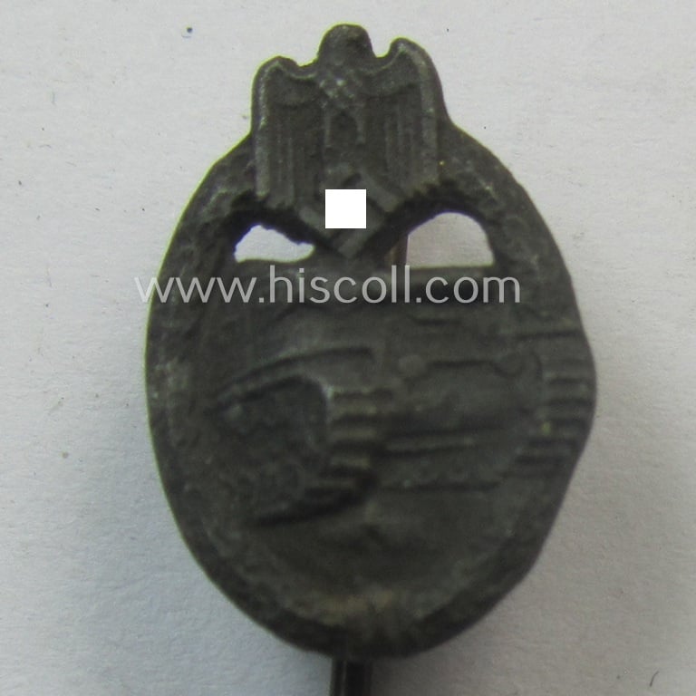 Neat - and 17 mm. sized! - miniature-lapel-pin depicting a: 'Panzerkampfabzeichen in Bronze' (or: bronze-class panzer-assault-badge ie. PAB) being a non-maker-marked example as executed in darkened, bronze-coloured metal