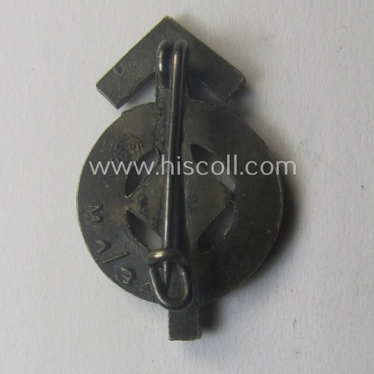 Miniature, HJ- (ie. 'Hitlerjugend'-) sports-badge (or: 'HJ-Leistungsrune') of the silver-class being a clearly maker- (ie. 'RzM - M1/34'-) marked- and/or: 'Feinzink'-based specimen