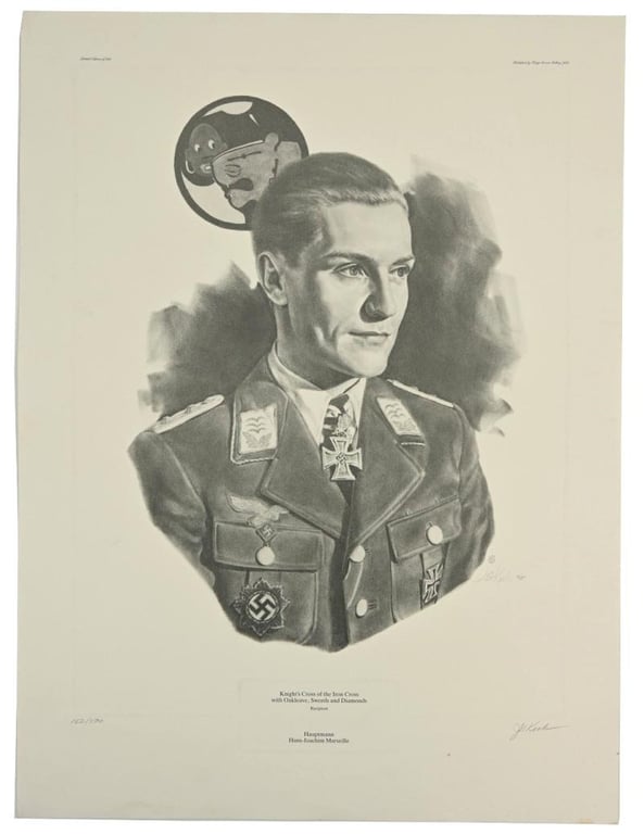 German Litho Print of LW Flight Ace 'Hans-Joachim Marseille'