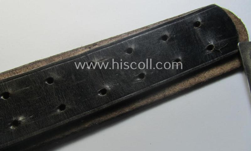 Complete(!) DJ (ie. 'Deutsches Jungvolk') silver-coloured- (ie. typical nickle-chromed) belt-buckle (ie. 'Koppelschloss') being a maker- (ie. 'RzM U.E. 72'-) marked example that comes mounted onto its (nicely marked), leather-based belt