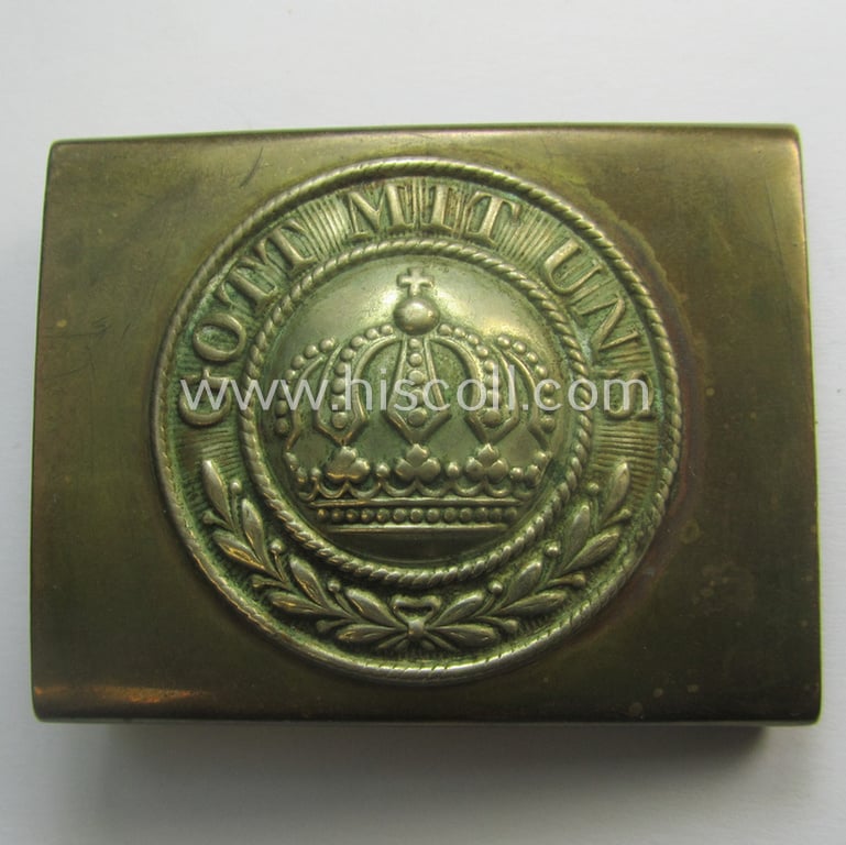 WWI-period (ie. 'Preussen'-related), copper- (ie. nickle-crome-) based, EM/NCO-type belt-buckle being a moderately used example that comes with its accompanying belt as issued and/or most certainly worn