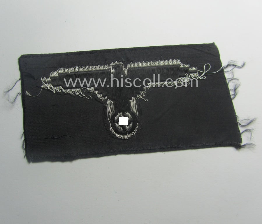 Superb - and truly rarely encountered! - mid- (ie. later-war-) pattern 'SS' (ie. 'Waffen-SS') officers'-pattern arm-eagle (ie. 'Ärmeladler für Führer der Waffen-SS') as executed in the neat 'BeVo', flatwire-weave-style