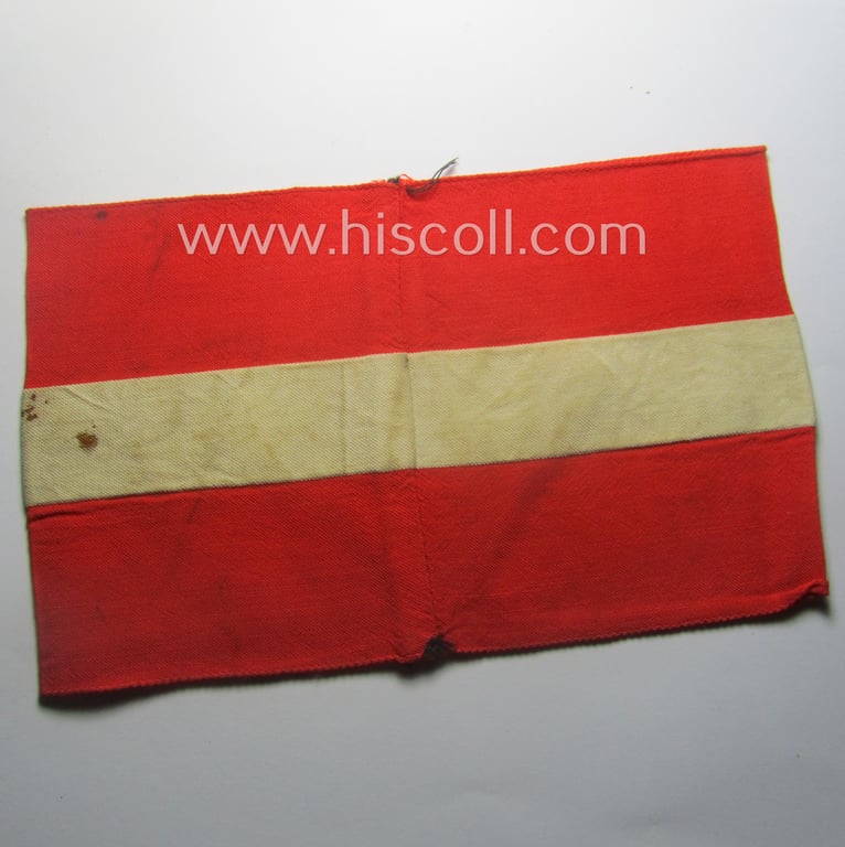 Attractive - and scarcely found! - 'standard-issued'- (ie. entirely woven) pattern, bright-red-coloured HJ- (ie. 'Hitlerjugend'-) related armband (ie. 'Armbinde') being a moderately used example that is void of an 'RzM'-etiket
