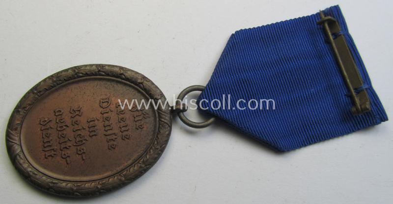 Attractive example of a: RAD (ie. 'Reichsarbeitsdienst'): 'Dienstauszeichnung 4. Stufe für Männer' as was intended for 4 years loyal-service and that comes mounted onto its period (broad-sized) ribbon (ie. 'Bandabschnitt')