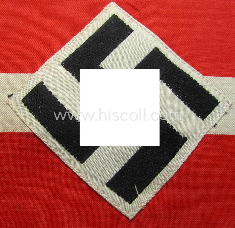 Attractive - and scarcely found! - 'standard'- (ie. entirely woven) pattern, bright-red-coloured HJ- (ie. 'Hitlerjugend'-) related armband (ie. 'Armbinde') being a never worn- nor used example that still retains its 'RzM'-etiket