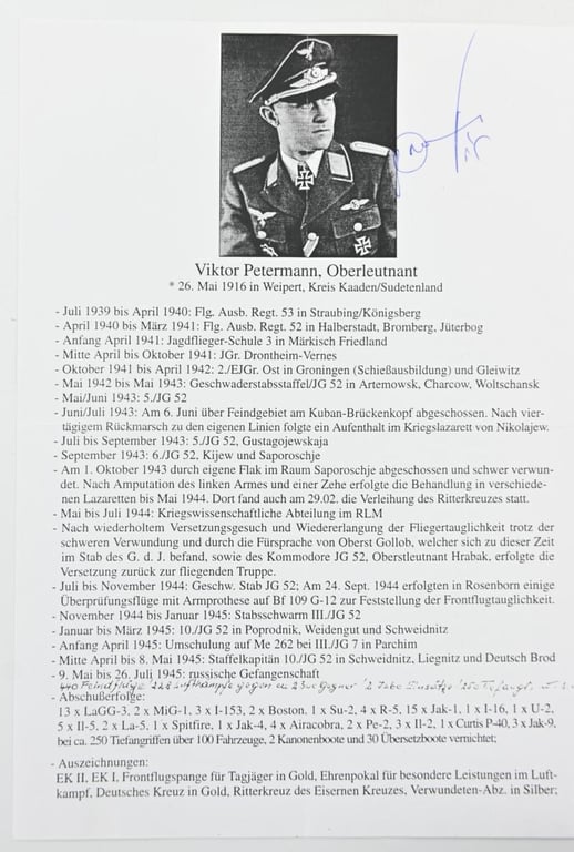 Signature of Luftwaffe KC Recipient 'Viktor Petermann'