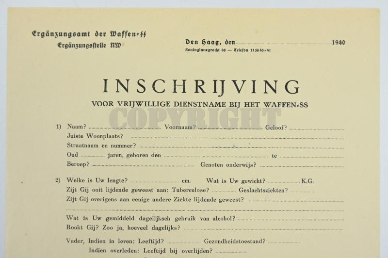 Dutch Waffen-SS Enlistment Form 1940