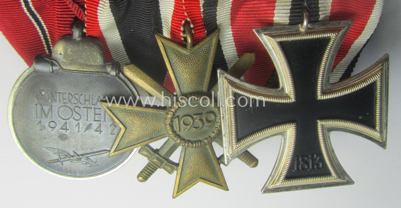 Superb, 3-pieced, WWII-period medal-bar (ie. 'Ordenspange') showing resp. an: 'EK II.Kl.', a: 'KvK II.Kl. m. Schw.' and a: 'Medaille Winterschlacht im Osten 1941-42'