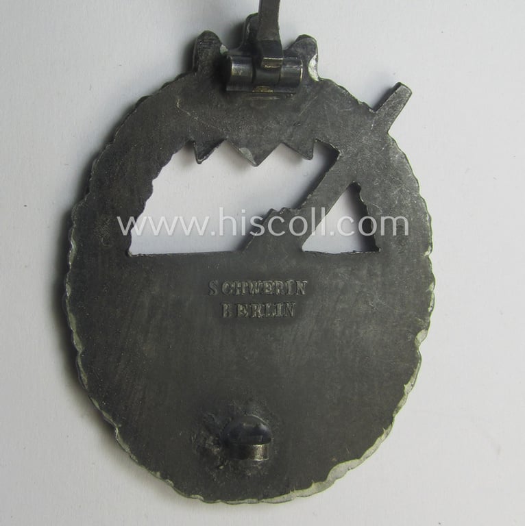WH (Kriegsmarine) 'Marine-Artillerie-Abzeichen' being a typical zinc- (ie. 'Feinzink'-) based example by the desirable maker- (ie. 'Hersteller') 'Schwerin - Berlin'