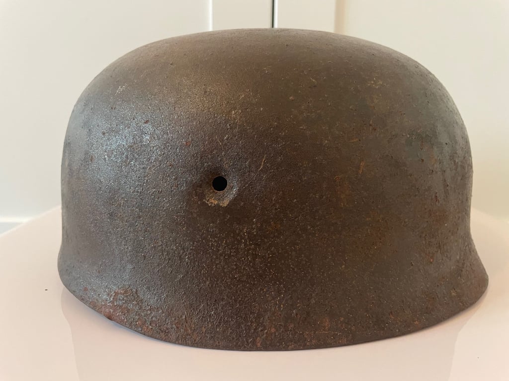 ORIGINAL WWII GERMAN M38 FALLSCHIRMJAGER HELMET WITH BULLET HOLE.