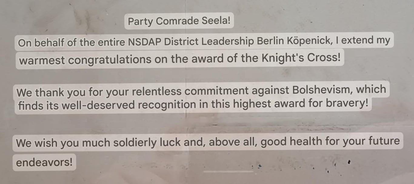 Congratulatory Letter to SS winner Max Seela "Knights Cross" "Totenkopf division“  from the NSDAP Kreisleitung Berlin Köpenick