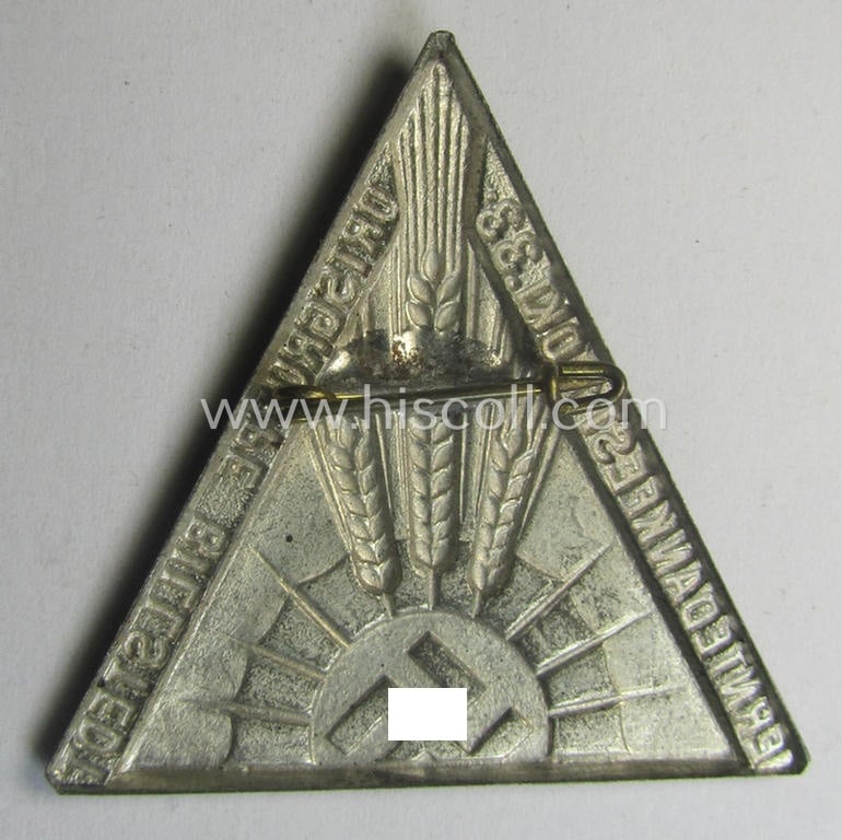 Unusually seen - early-period and silver-toned! - N.S.D.A.P.-related day-badge (ie. 'tinnie') as issued to commemorate a specific meeting entitled: 'Erntedankfest 1. Okt. 1933 - Ortsgruppe Billstedt'