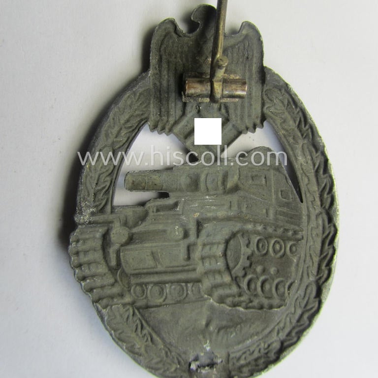 Incomplete 'hollow'-styled, 'Panzerkampfabzeichen in Silber' (or: silver-class panzer-assault badge or PAB) being a zinc- (ie. 'Feinzink'-) based version as was procuced by the: 'B.H. Mayer'- (ie. 'Otto Schickle'-) company