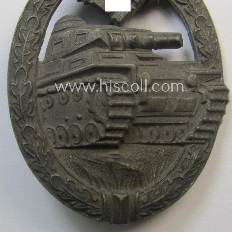 'Panzerkampfabzeichen in Silber' being a neatly maker- (ie. 'HA'-) marked- and/or typical zinc- (ie. 'Feinzink'-) based specimen as was produced by the desirable 'Hersteller' (ie. maker): 'Hermann Aurich'