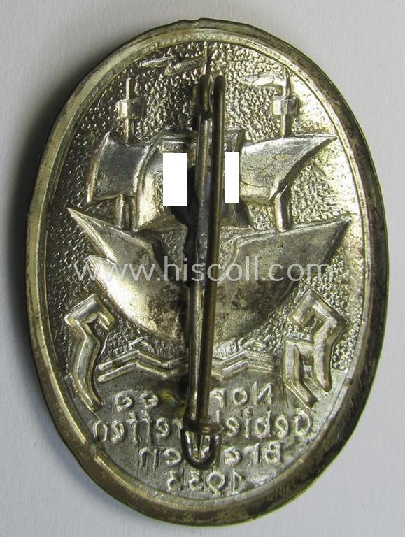 Neat - and scarcely encountered! - HJ (ie. 'Hitlerjugend'-) related 'tinnie' being a non-maker-marked example showing an old-styled ship flying a swastika-flag and text that reads: 'H.J. - Nordsee Gebietstreffen - Bremen - 1933'