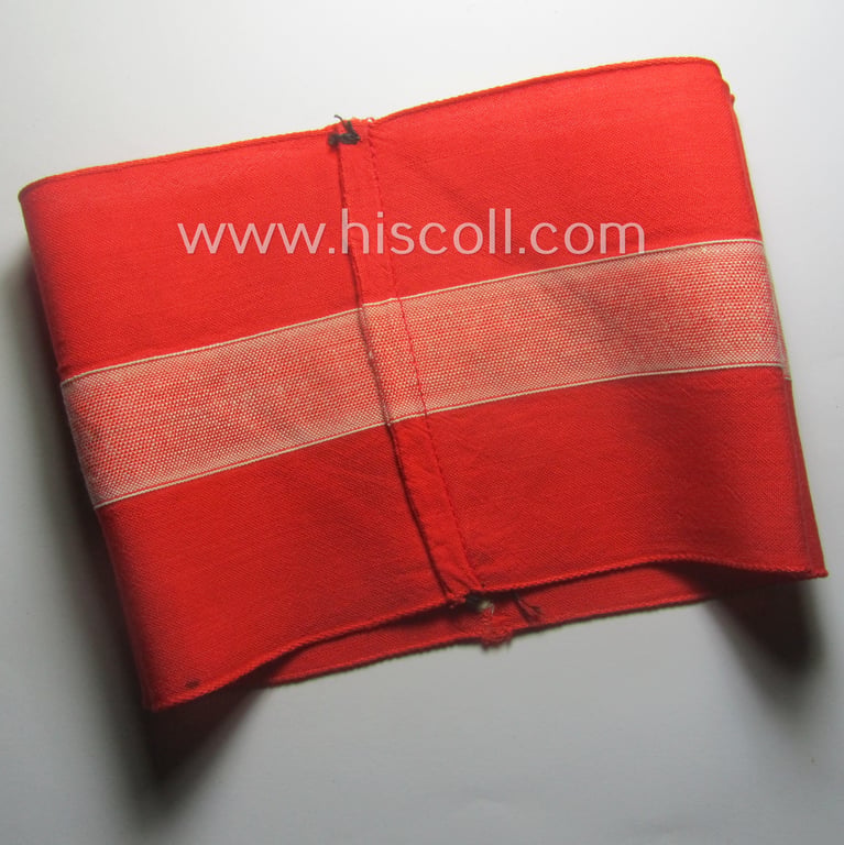 Attractive - and scarcely found! - 'standard-issued'- (ie. entirely woven) pattern, bright-red-coloured HJ- (ie. 'Hitlerjugend'-) related armband (ie. 'Armbinde') being a moderately used example that is void of an 'RzM'-etiket