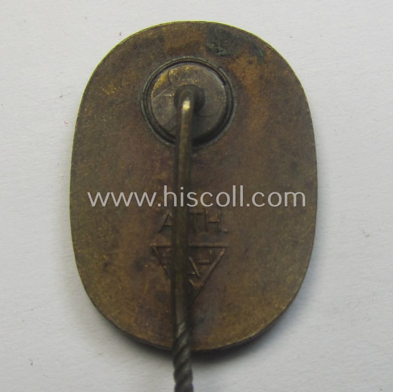 Multi-coloured-enamelled lapel-pin (aka: 'RAD-Erinnerungsnadel') being a neatly maker- (ie. 'A.TH.'-) marked example as was intended for the: 'Reichsarbeitsdienst der Männer (RAD/M)'