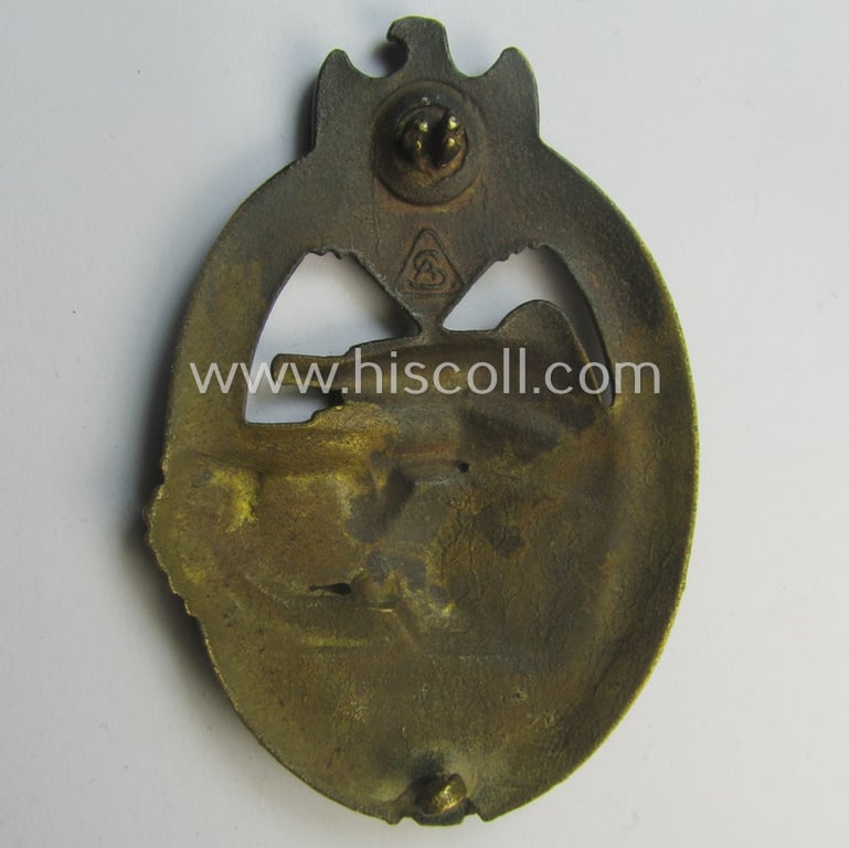 Incomplete 'Panzerkampfabzeichen in Bronze' (or: bronze-class panzer-assault badge or PAB) being a maker- (ie. 'AS' in a triangle-) marked- and/or typical zinc- (ie. 'Feinzink'-) based specimen as was procuced by a to date unknown maker