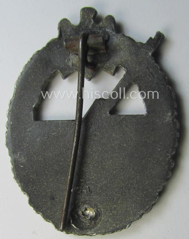 Regrettably incomplete, WH (KM) 'Marine-Artillerie-Abzeichen' being a clearly maker- (ie. 'HA'-) marked- and/or typical zinc- (ie. 'Feinzink'-) based example by the: 'Hermann Aurich'-company