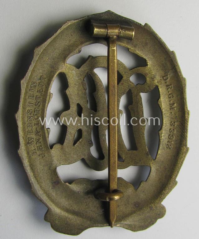 Attractive - and early-period! - 'Reichssportabzeichen DRA in Bronze' (or: bronze-class DRA sports'-badge) being a neat 'Buntmetall'-based example that is nicely maker- (ie. 'Wernstein - Jena'-) marked on its back