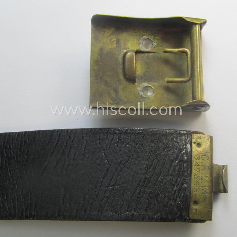 WWI-period (ie. 'Preussen'-related), copper- (ie. nickle-crome-) based, EM/NCO-type belt-buckle being a moderately used example that comes with its accompanying belt as issued and/or most certainly worn
