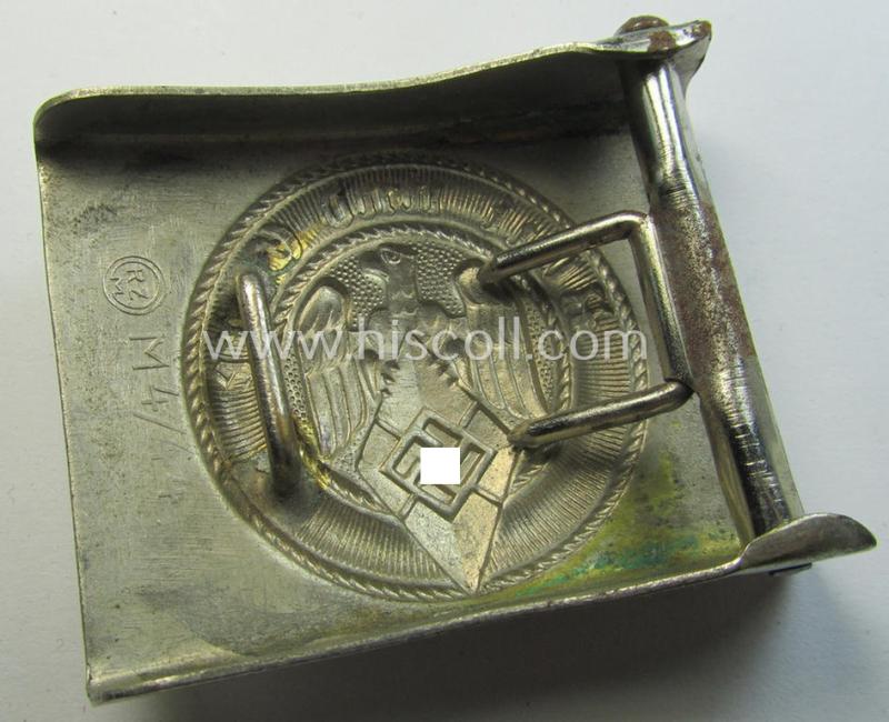 Attractive, HJ (ie. 'Hitlerjugend') bright-silver-coloured- (ie. nickle-chrome-based and early-pattern) belt-buckle being a neatly maker- (ie. 'RzM M4/44'-) marked example that comes in a just moderately used- ie. worn, condition