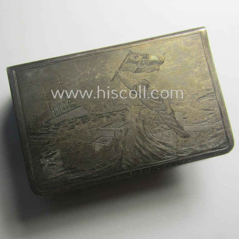 Superb - and luxuriously styled! - WWI-period (ie. 'Reichsmarine o. U-Boot'-related) 'souvenir-item' (ie. match-box holder) showing a (detailed engraved!) illustration of the (famous) U-Boot-ace and 'Pour la Mérite'-bearer: 'Kapitänleutnant Weddigen'