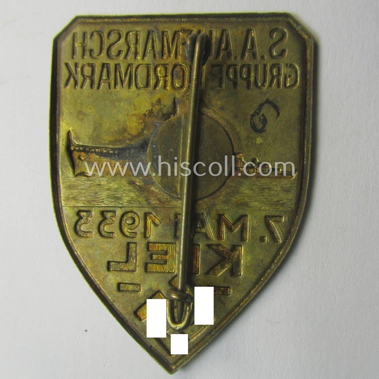Neat - and scarcely encountered! - SA- (ie. 'Sturmabteilungen'-) related 'tinnie' being a non-maker-marked example showing a battle-ship and text: 'S.A. Aufmarsch Gruppe Nordmark - 7. Mai 1933 - Kiel'