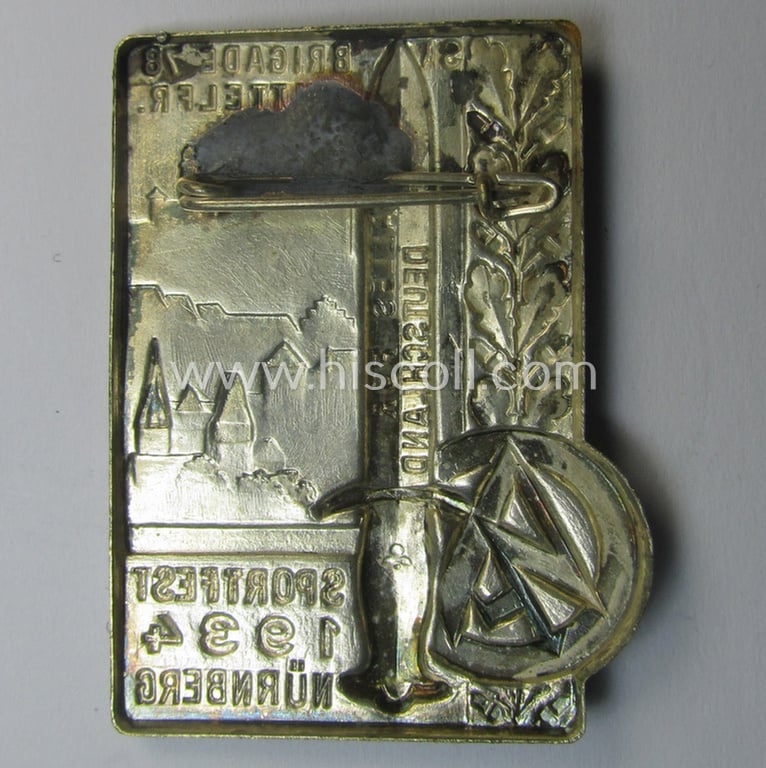 SA- (ie. 'Sturmabteilungen'-) related 'tinnie' being a non-maker-marked example showing an SA-dagger and text: 'Brigade 78 Mittelfr. - Sportfest 1934 - Nürnberg'