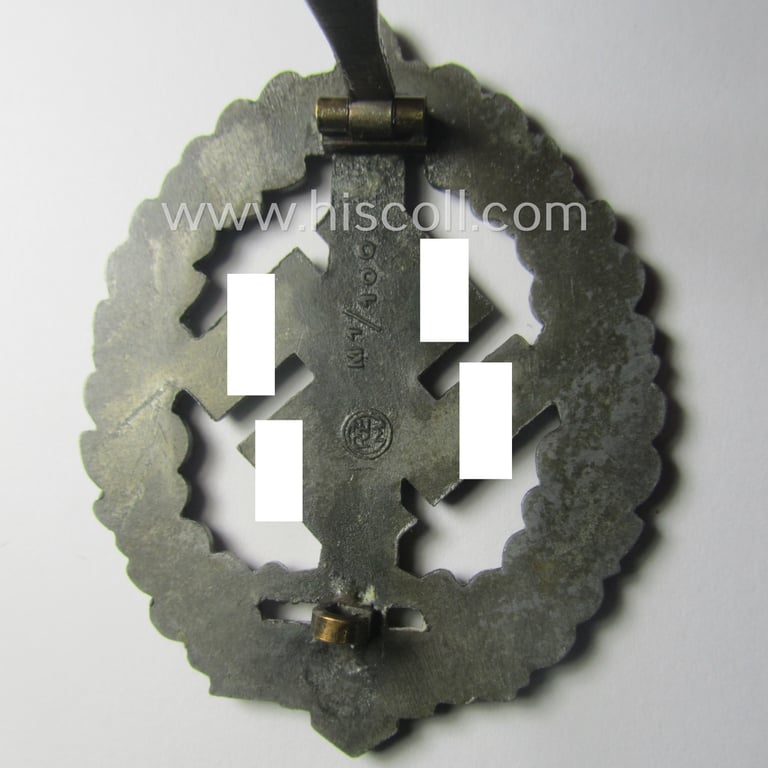 Truly worn, 'SA-Sportabzeichen für Kriegsversehrten' (ie.: SA-sports'-badge for the war-disabled) being a detailed example that is nicely maker- (ie. 'RzM M1/100'-) marked on its back
