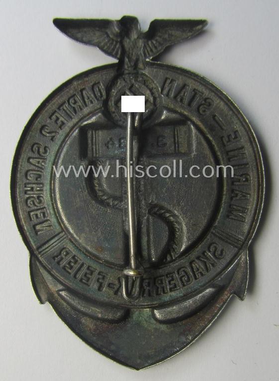 Commemorative, silver-toned, Marine-SA-related 'tinnie' being a non-maker-marked example depicting a 'Reichadler'-device, 'anchor' and life-saving-ring surrounded by the text: 'Marinestandarte 2 - Sachsen - Skagerrak-Feier - 3.-6-34'