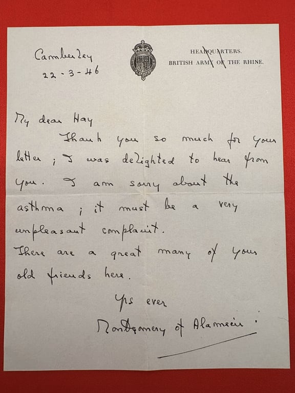 AUTHENTIC LETTERS FROM FIELD MARSHALL MONTGOMERY OF ALAMEIN TO GEN A.K.HAY, ECT.