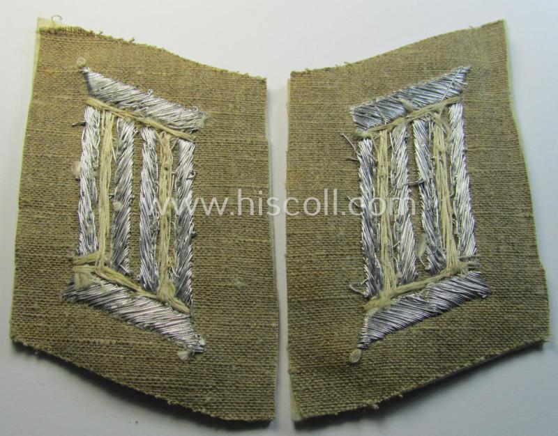 Attractive - albeit not completely finished! - pair of WH (Heeres) officers'-type, 'Waffenrock'- (ie. dress-) collar-tabs (ie. 'Kragenspiegel') as piped in the white branchcolour as  intended for usage by an: 'Offizier der Infanterie-Truppen'