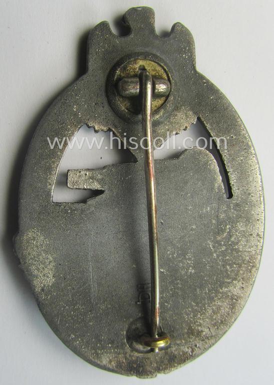 'Panzerkampfabzeichen in Silber' being a neatly maker- (ie. 'HA'-) marked- and/or typical zinc- (ie. 'Feinzink'-) based specimen as was produced by the desirable 'Hersteller' (ie. maker): 'Hermann Aurich'