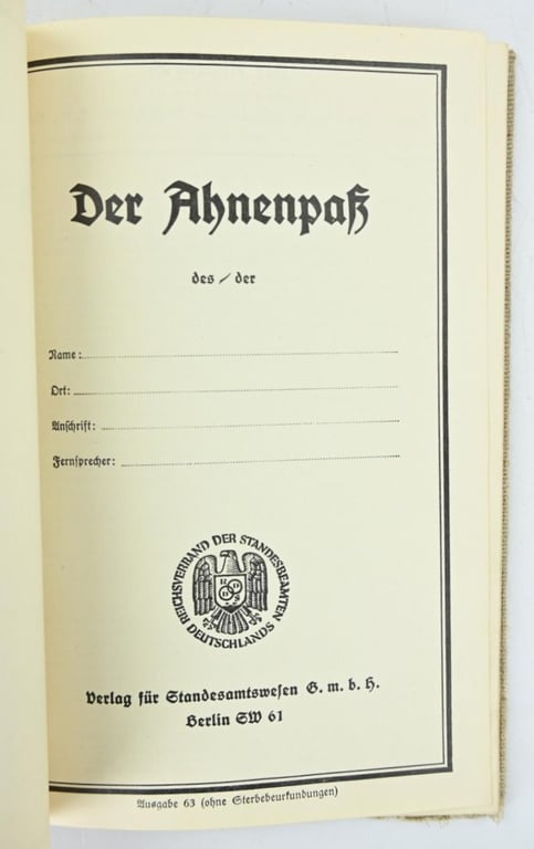 German Third Reich 'Ahnenpass' Ancestral Passport