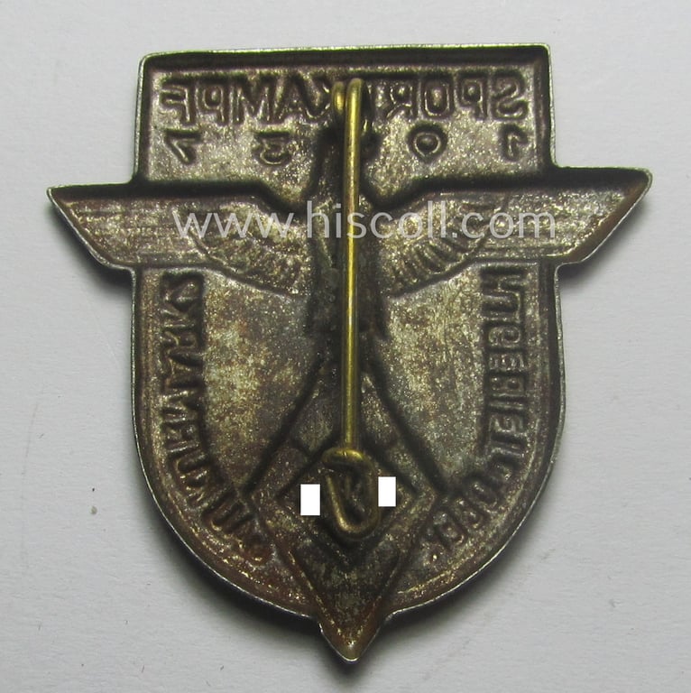 Neat - and scarcely encountered! - HJ- (Hitlerjugend-) related day-badge (ie. 'tinnie' or: 'Veranstaltungsabzeichen') as was issued to commemorate a HJ-related gathering ie. rally named: 'Sportkampf 1937 - HJ Gebiet u. Obergau Kurmark 2'
