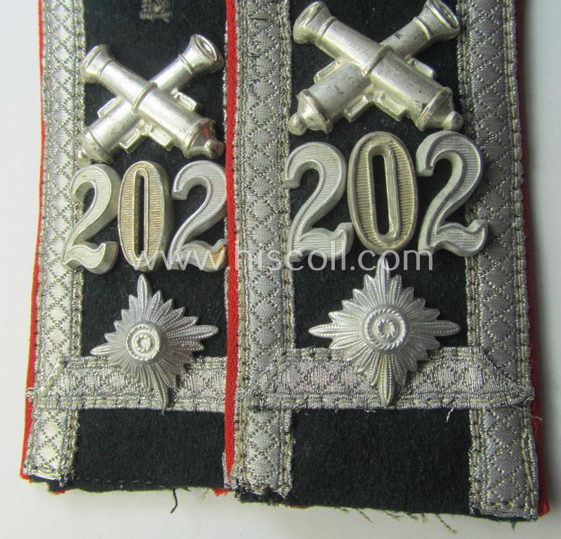 Pair of WH (Heeres) 'cyphered' (and bright-red-piped!) early-war-period- (ie. 'M36'- ie. 'M40'-type) NCO-pattern shoulderstraps: 'Feldwebel u. Waffenunteroffizier u. Mitglied des Art.-Rgts. 202'