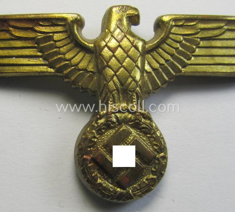 Attractive - bright-golden-toned- and/or: typical 'Feinzink'-based - (political-style) visor- (ie. 'Schirmmützen'-) cap-eagle being a detailed example that is neatly: 'RzM' and/or 'M1/16' marked on its back