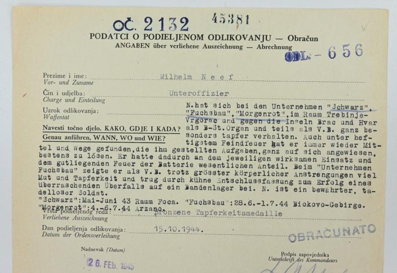 Croatian/German WW2 Bronze Bravery Medal Certificate 'Wilhelm Neef'