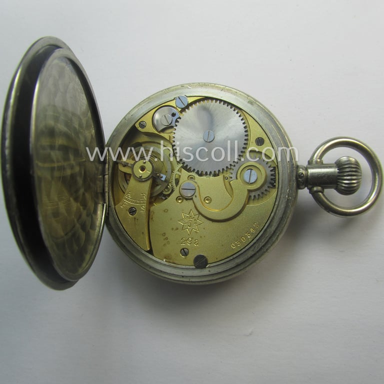 WWII-period- (ie. 'Deutsche Wehrmacht'-related-) pocket-chronograph (ie. 'Dienstchronograph') of the make: 'Junghans', having a white-coloured dial-plate and that comes in a clearly used and non-functional, condition