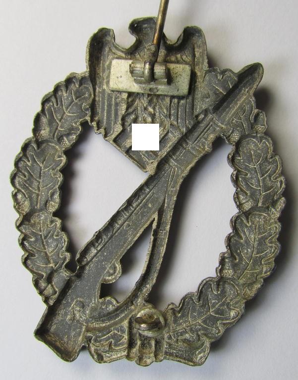 Attractive, 'hollow-back' 'Infanterie Sturmabzeichen in Silber' (or: silver infantry-assault badge ie. IAB) being a non-maker-marked example as executed in zinc-based metal (ie. 'Feinzink') as was produced by the: 'Wilh. Deumer'-company